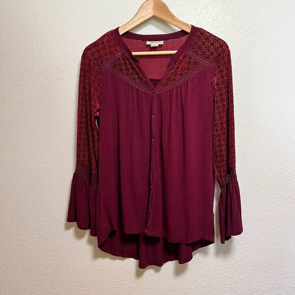 Style & Co Button‎ Down Long Bell Sleeve Crushed Velvet Detail Lace Size PM - Picture 1 of 10